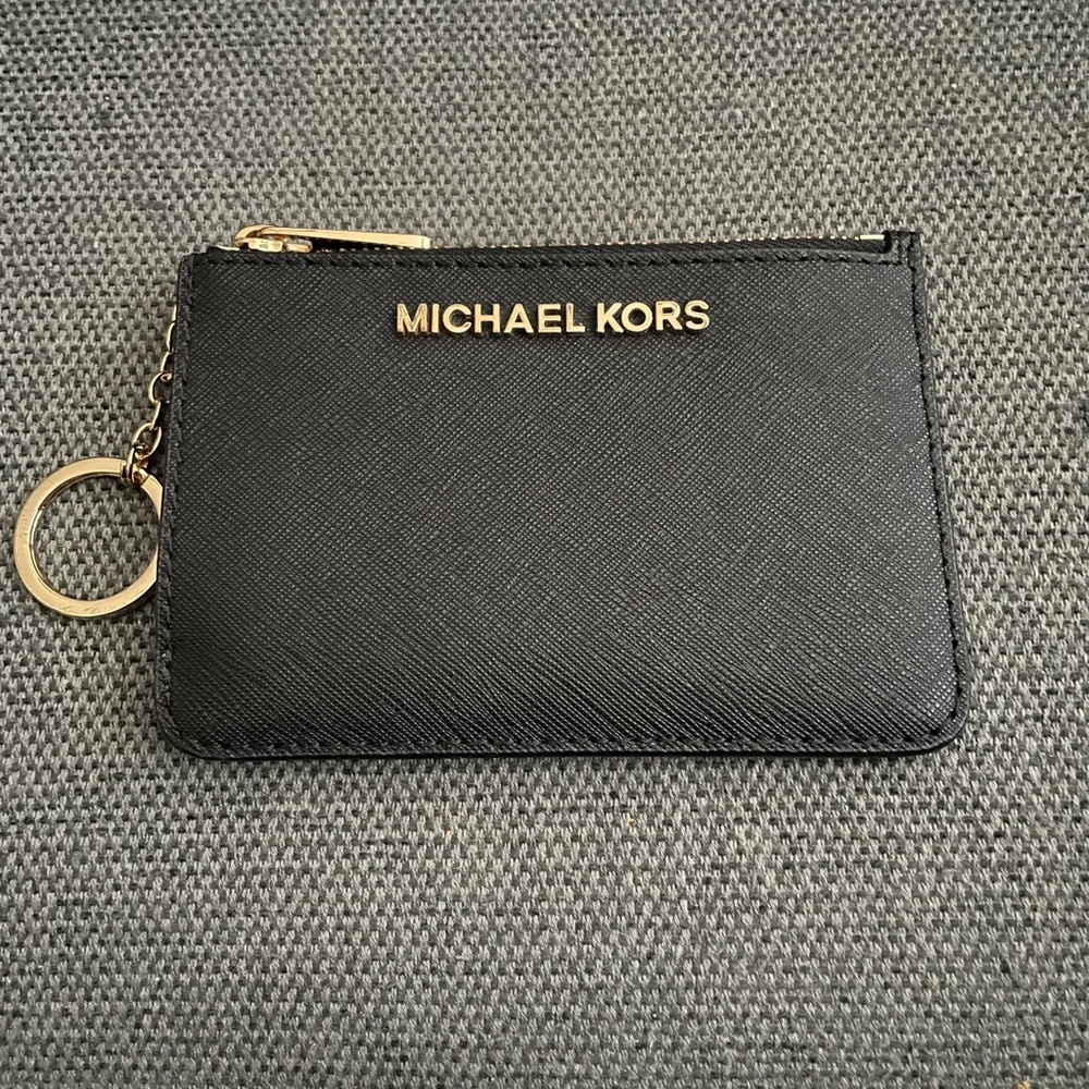 Michael Kors Jet Set Key Ring Top Zip Coin Pouch ID Card Holder Wallet Black